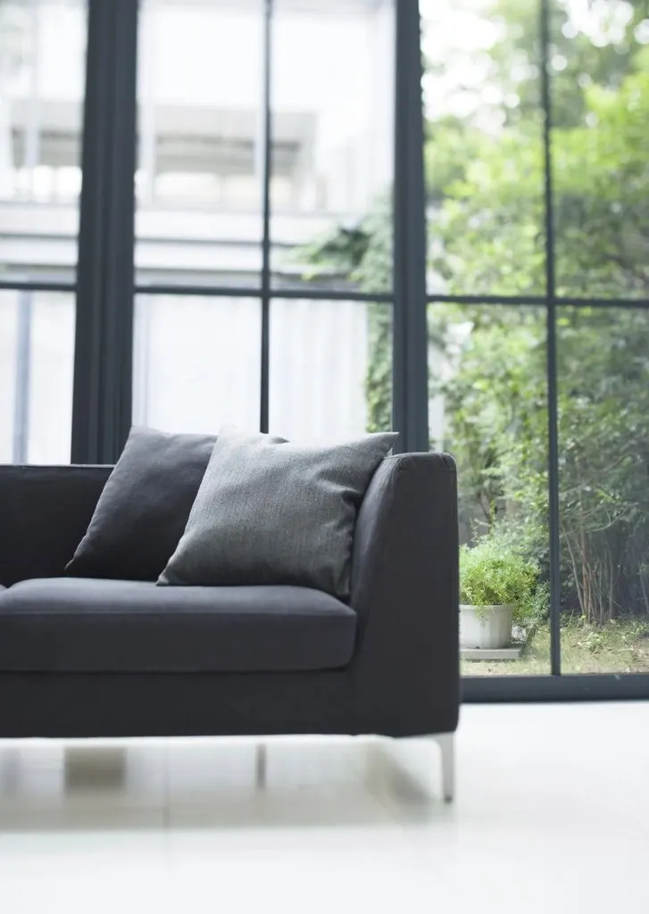 Woonkamer met zetel en een grote glaswand